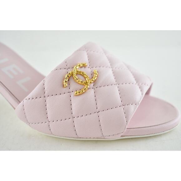 Chanel 22P Light Pink Lambskin Quilted CC Logo Cone Heel Mule Slide Sandal 37.5 - Picture 3 of 12